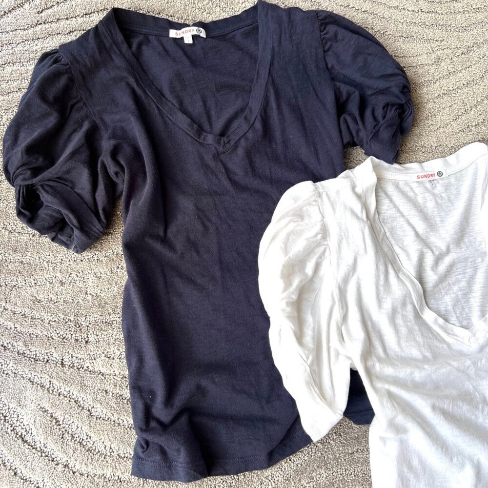 New Two 2 Sundry Puff Sleeve Tees Navy Blue & White Top Size 1 Small S